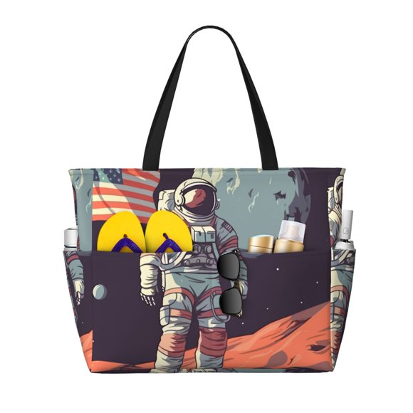 Fotbe Astronaut With American Flag Bolsa de Viaje para Playa - Resistente al Agua, Bolsa Tote de Gran Capacidad y Ligera con 7 Bolsillos para Mujeres y Hombres