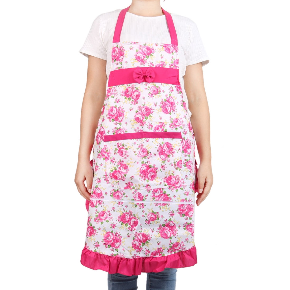 Fruit Coffee Shop Woman Flowers Pattern Halter Neck Pocket Apron Bib Fuchsia by Unique-Bargains