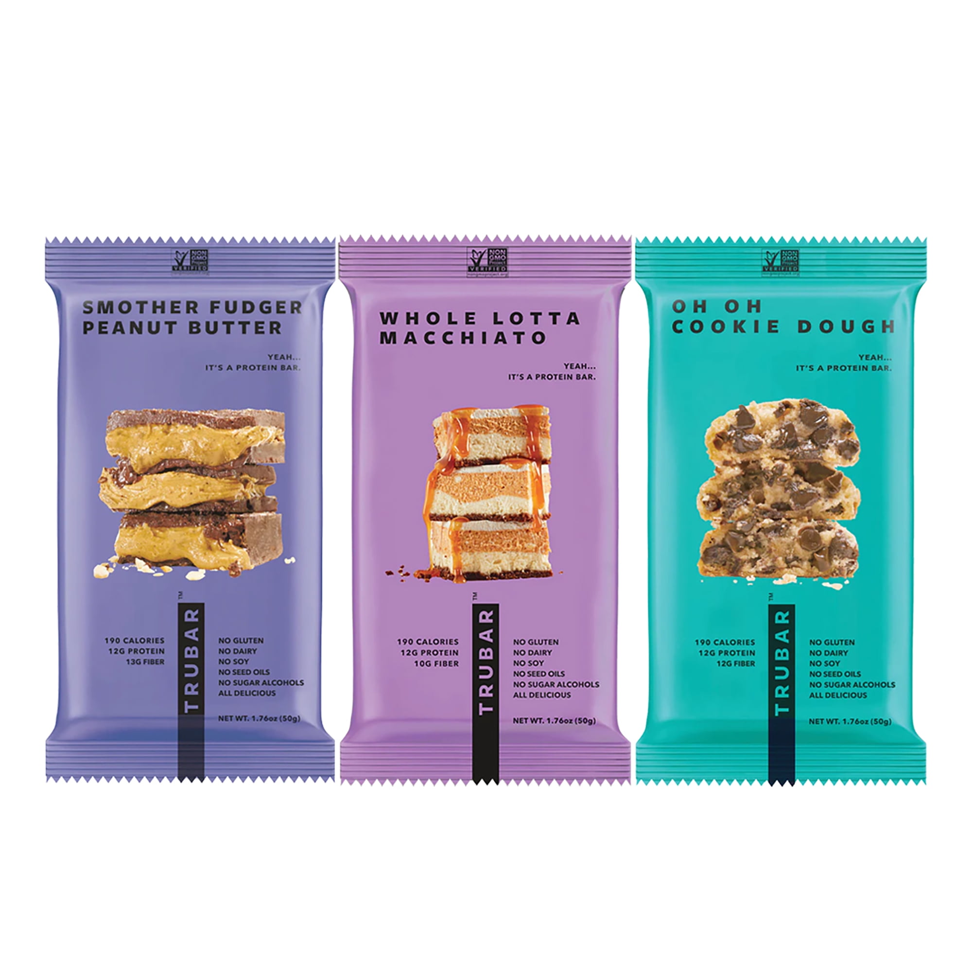 TRUBAR Variety Pack Cookie dough, peanut butter, macchiato, Plant Based Protein, Vegan, Gluten Free, Ko Plant Based Protein, Vegan, Gluten Free, Kosher, 12 pack