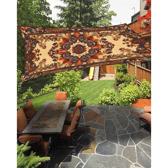 Bohemian Flower Sun Sail Shades Rectangle Canopy,Sunlight Block Heavy Duty Curved Backyard Shade Cover,Boho Tribal Colorful Distressed Printed Waterproof Sun Shades for Patios Garden Pergola 14'x18'