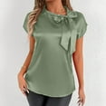 thumbnail image 4 of GPOECD Blouse pour Femmes Élégante à Col Nœud en Satin à Manches Courtes Été Printemps avec Col en Ruban Hauts pour Femmes Chic Décontracté Vert Pâle,S, 4 of 8