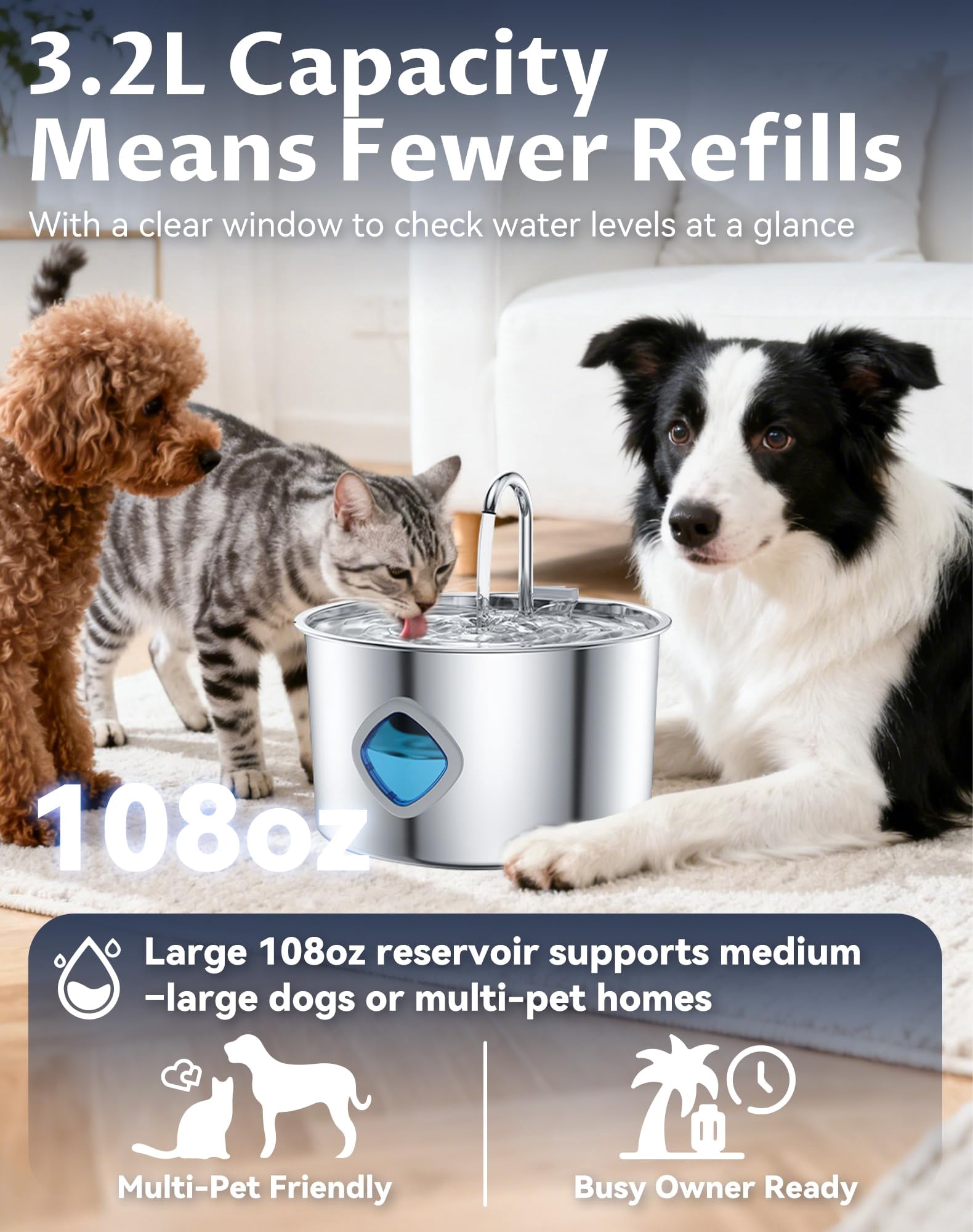 Dog Water Bowl, 3.2L Dog Water Fountain, Quad-Purification System and Continuous Circulating Water Flow,Stainless Steel Easy-to-Clean,Quiet Operation,Water Bowl for Dog Cat (Bowl+4Set Filter)