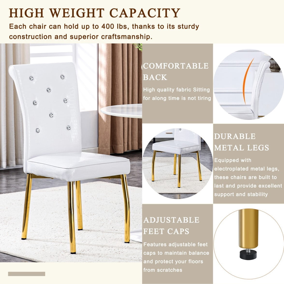 Set of 2 Retro Dining Chairs, Faux Alligator-Textured PVC Leather Upholstered Chairs with Crystal Button Details & G