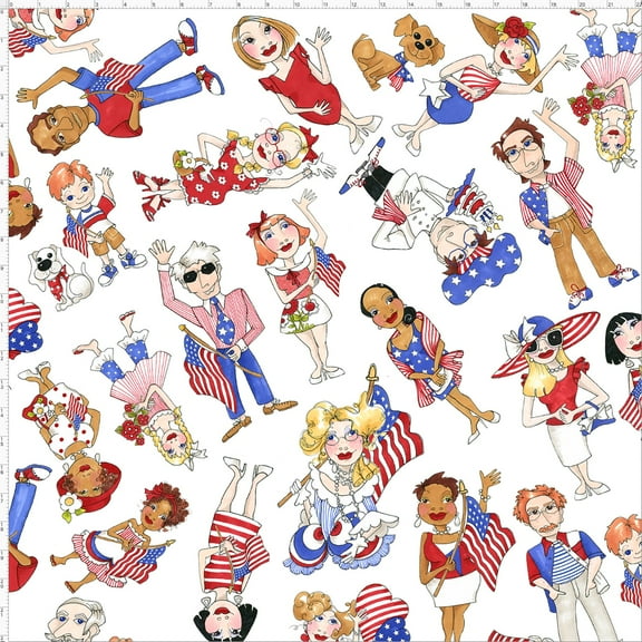 Cotton US Tossed People American Flags Patriotic USA 4th of July Indepedence Day White Cotton Fabric Print by the Yard (692-394)