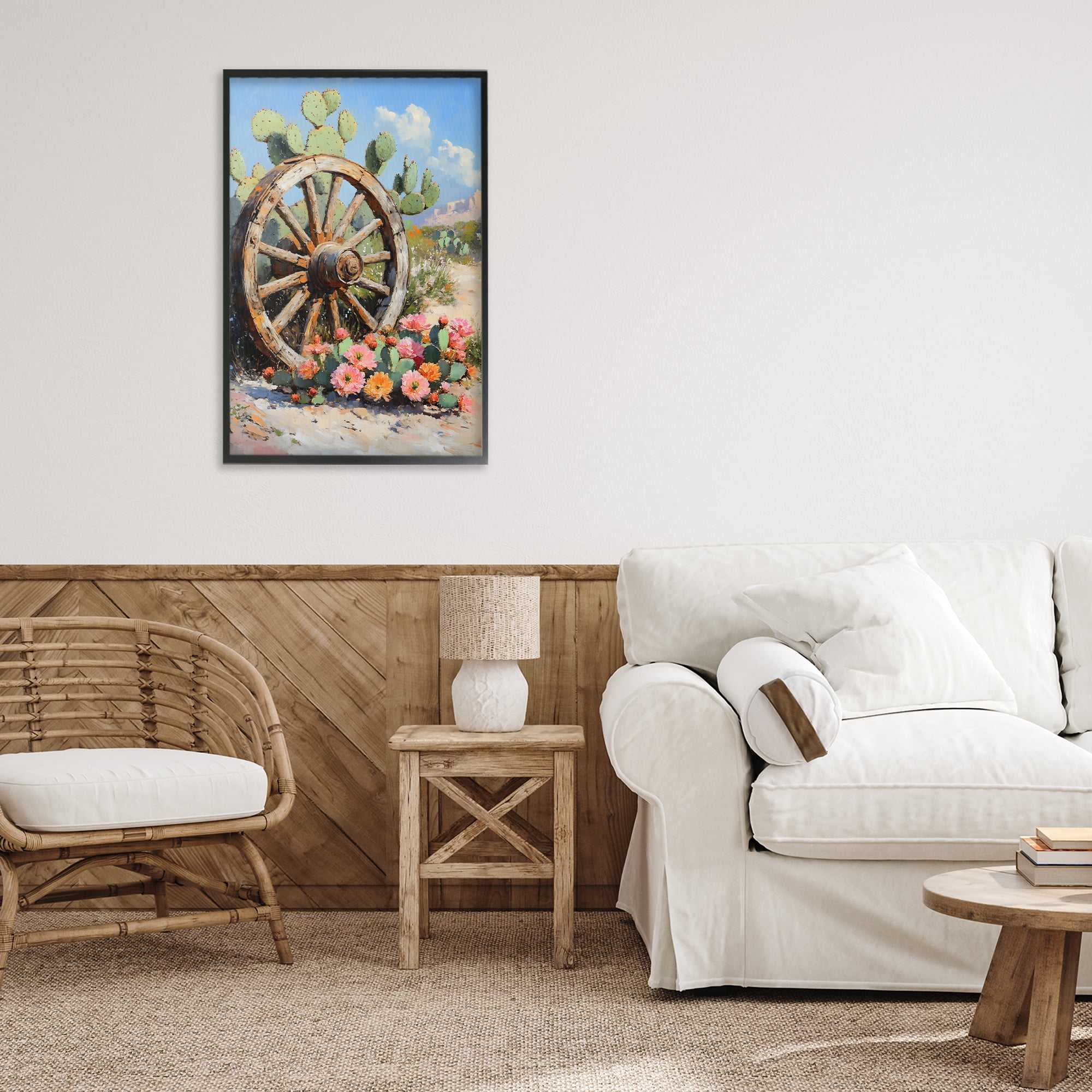 Stupell Industries Wagon Wheel Among Cactus Black Framed Giclee Art, design by Franklyn Gregory