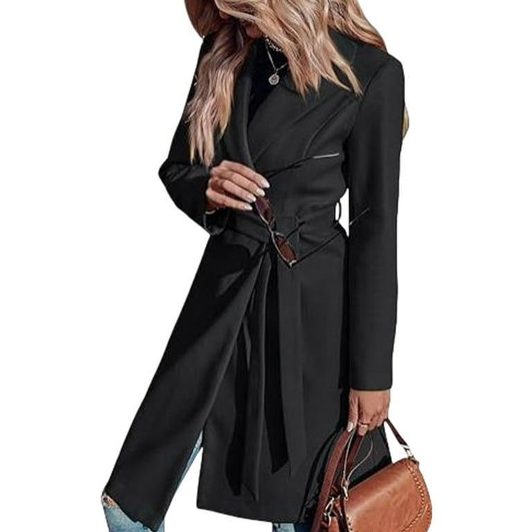 Atogsazn Women A Line Peacoat Dress Coat Casual Long Sleeve Belted Notch  Lapel Overcoat Fall Winter Trench Coats Fashion Black XL - Walmart.com