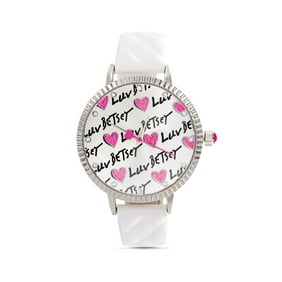 Luv Betsey Women's Silver Dial with Black and Pink Glitter Printed Art on Silver Case and White Quilted Strap Watch LBW006
