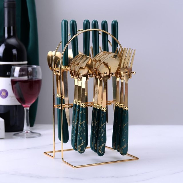 Juego de cubiertos de acero inoxidable de 24 piezas con cuchillos, tenedores y cucharas con estante de almacenamiento para cubiertos, caja de regalo, juego de regalo