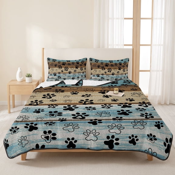 3 Pieces Queen Quilt Set,Farmhouse Dog Paw Print Soft Bedding Sets with 1 Quilt & 2 Pillow Shams,Vintage Rustic Wood Plank Summer Bedspread Lightweight Coverlet Comforter for All Season