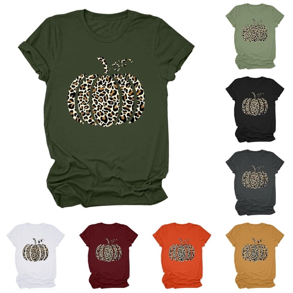 Trendfront Womens Leopard Pumpkin Graphic T Shirts Crewneck Short Sleeve Fall Halloween Casual Tee Tops Seasonal Party Wear