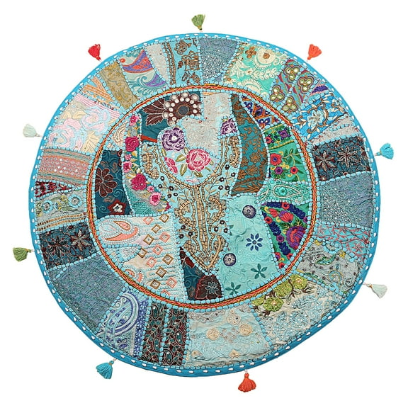 Stylo Culture Ethnic Boho Large Floor Pillow Cushion Cover Vintage Patchwork Kids Pillowcase Round Turquoise 32 x 32 Decorative Decor Seating Tuffet Seat Pouf Cover Footstool Cotton Embroidered 1 Pc