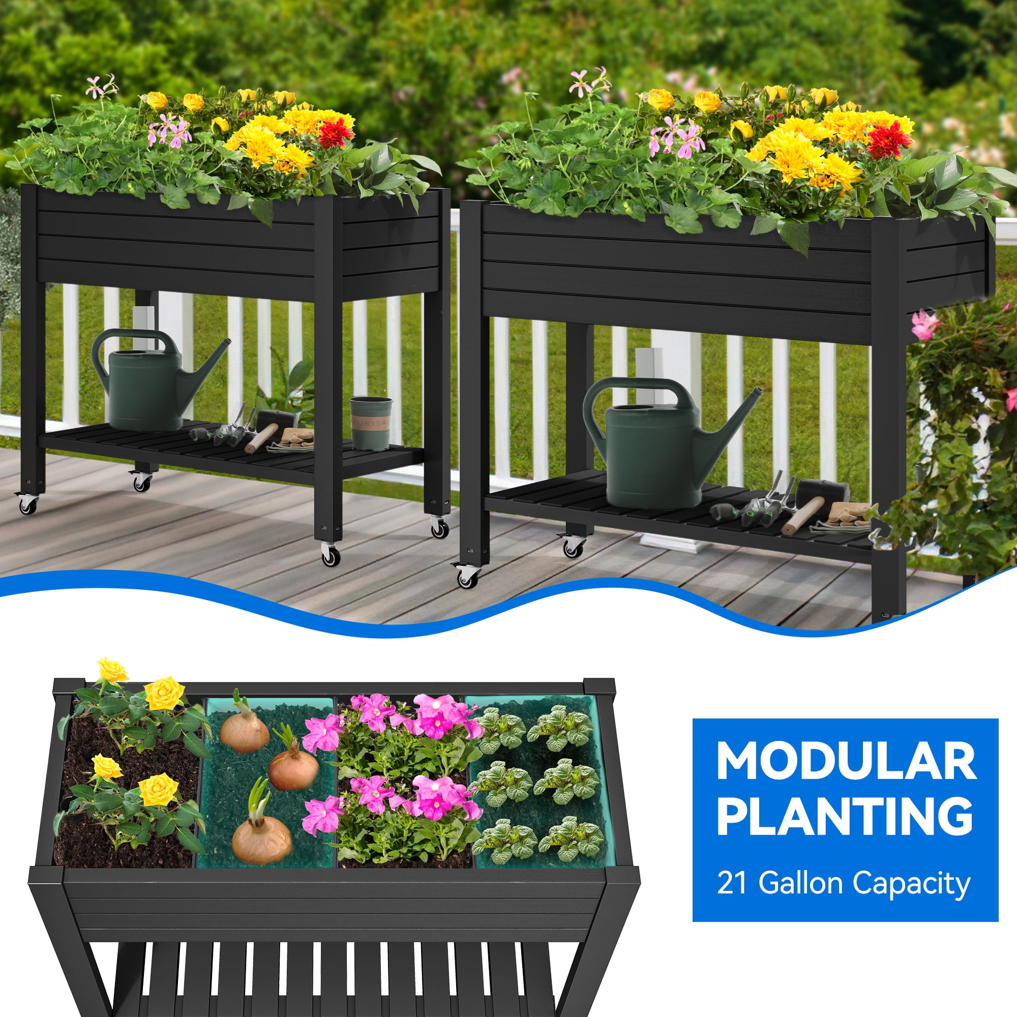 Dextrus Large Outdoor Elevated Resin Garden Bed,Patio Planter Box with Legs&Wheels and Storage Shelf for Plants and Flowers,Ideal for Outdoor Gardening - Black