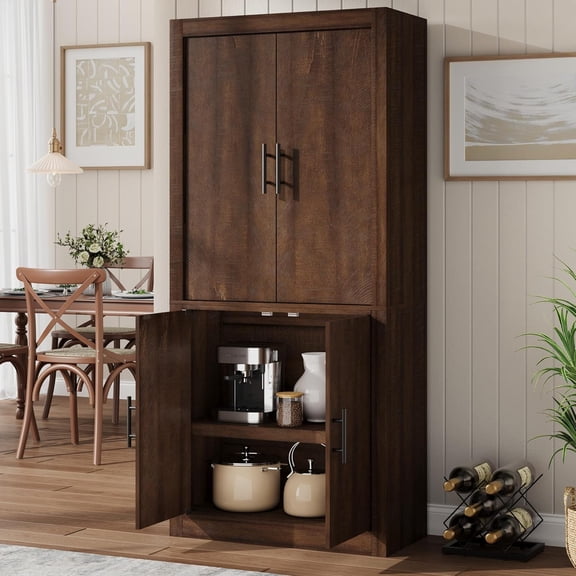 Large Storage Organizer Cabinet, Tall Wooden Farmhouse Kitchen Pantry with 4 Magnetic Doors and Adjustable Shelves, Freestanding Food Cupboard for Dining & Living Room, Retro Brown