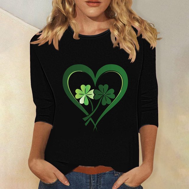 Meichang T-Shirts pour Femmes à Manches 3/4 T-Shirts de la Saint-Patrick Hauts à Col Rond pour les Fêtes T-Shirts Graphiques Trèfle Verts Hauts Porte-Bonheur Liquidation de la Saint-Patrick