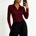 thumbnail image 2 of AcaicsNo Boundaries Women's Long Sleeve Knit Top, Slim Fit Ribbed V Neck Polo Collar Solid Casual Sweater, 2 of 6