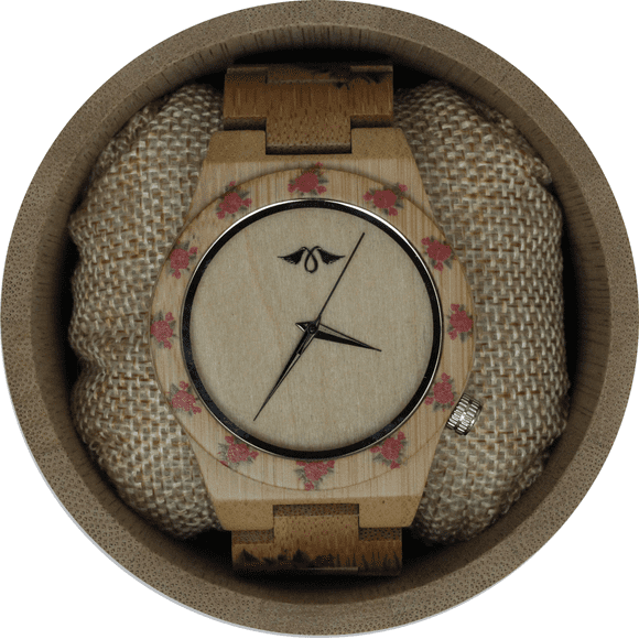 Angie Wood Creations Bamboo Women’s Watch With Rose Design and Bamboo Dial