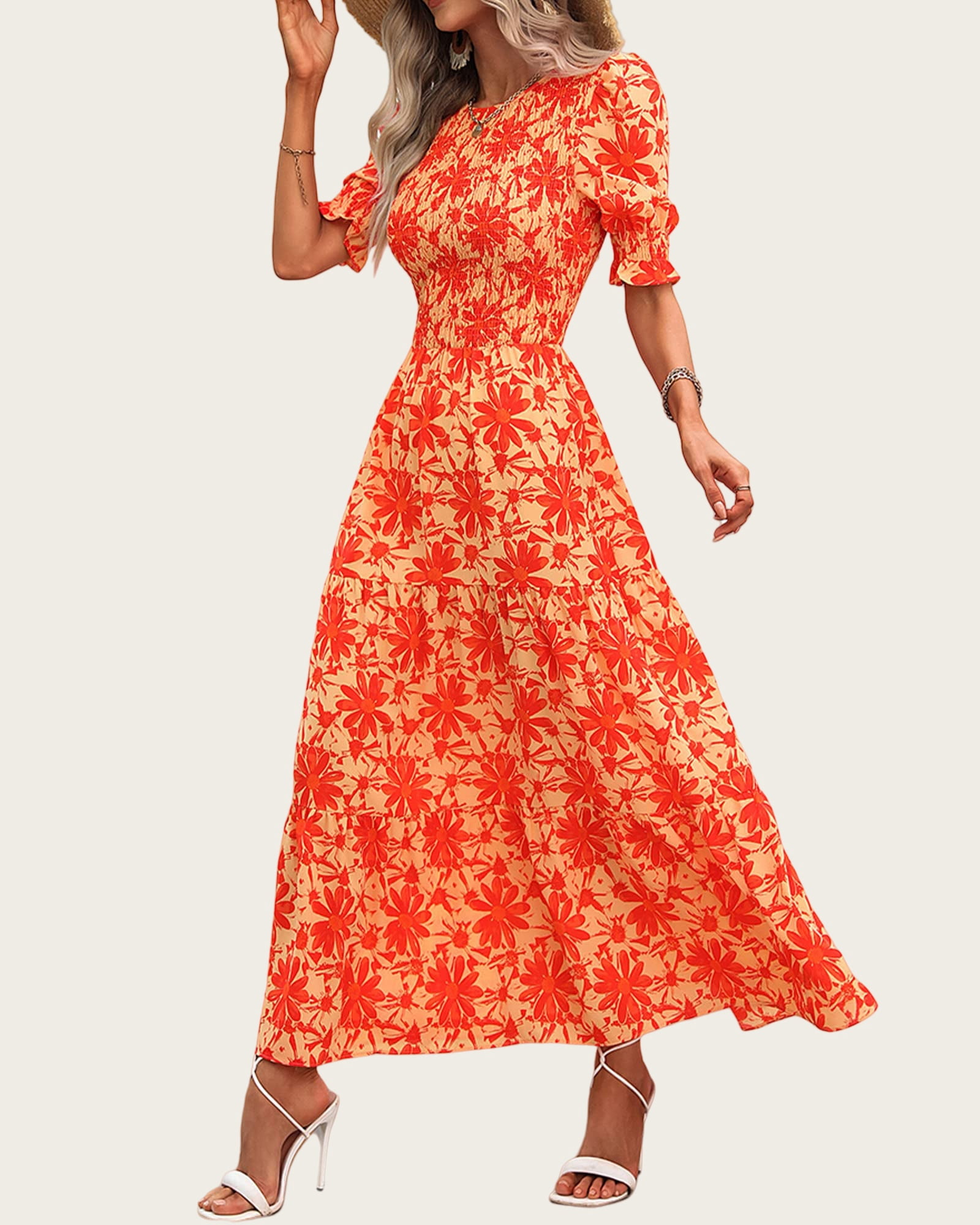 FreshPretty Women Casual Summer Dresses Spring Crew Neck Ruffle Short Sleeve Floral Print Smocked Boho Flowy Maxi Dress
