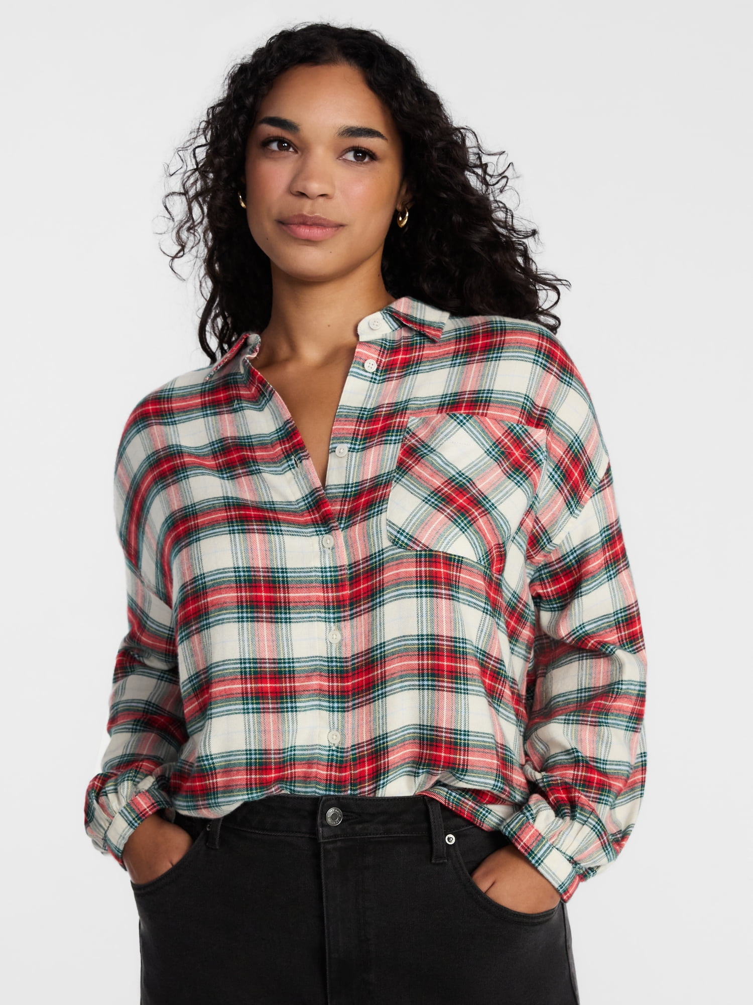 Scenario Women's Flannel Shirt with Long Sleeves, Sizes XS-XXXL