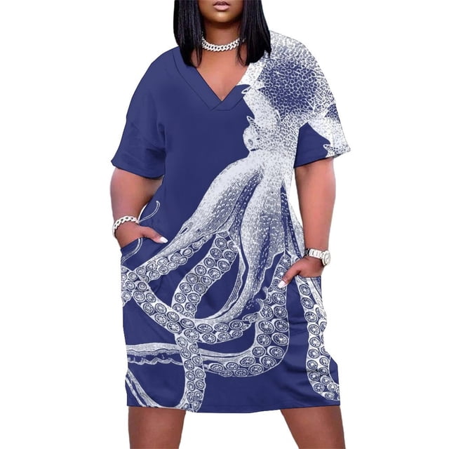 Pulpo Vintage tentáculos de pulpo criaturas marinas océano náutico mar playa azul marino y blanco vestido suelto con bolsillo vestido de fiesta 2025