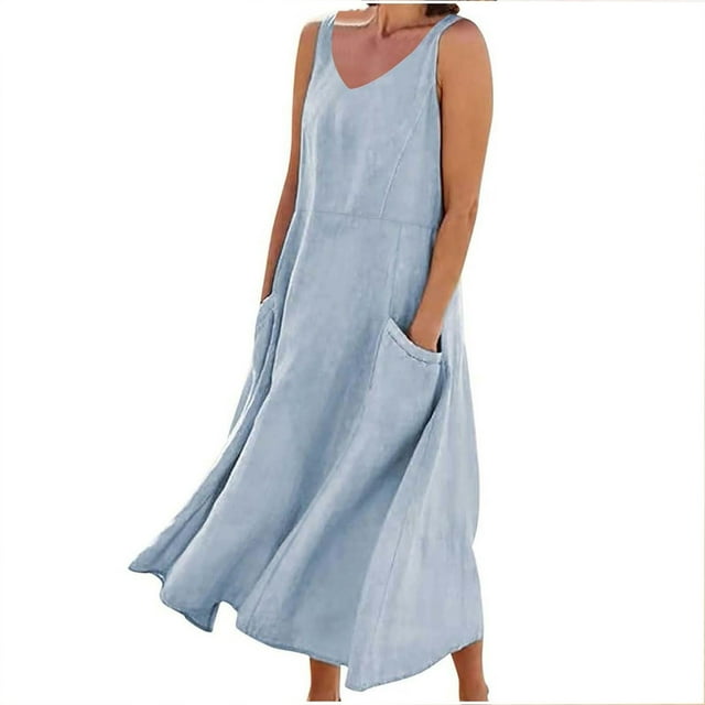 Kyusrd Robe en Lin Robe d'Été Débardeur pour Femmes Robe Maxi pour Femmes et Robe en Lin Longue Sans Manches Robe de Couleur Unie avec Poche Jupe