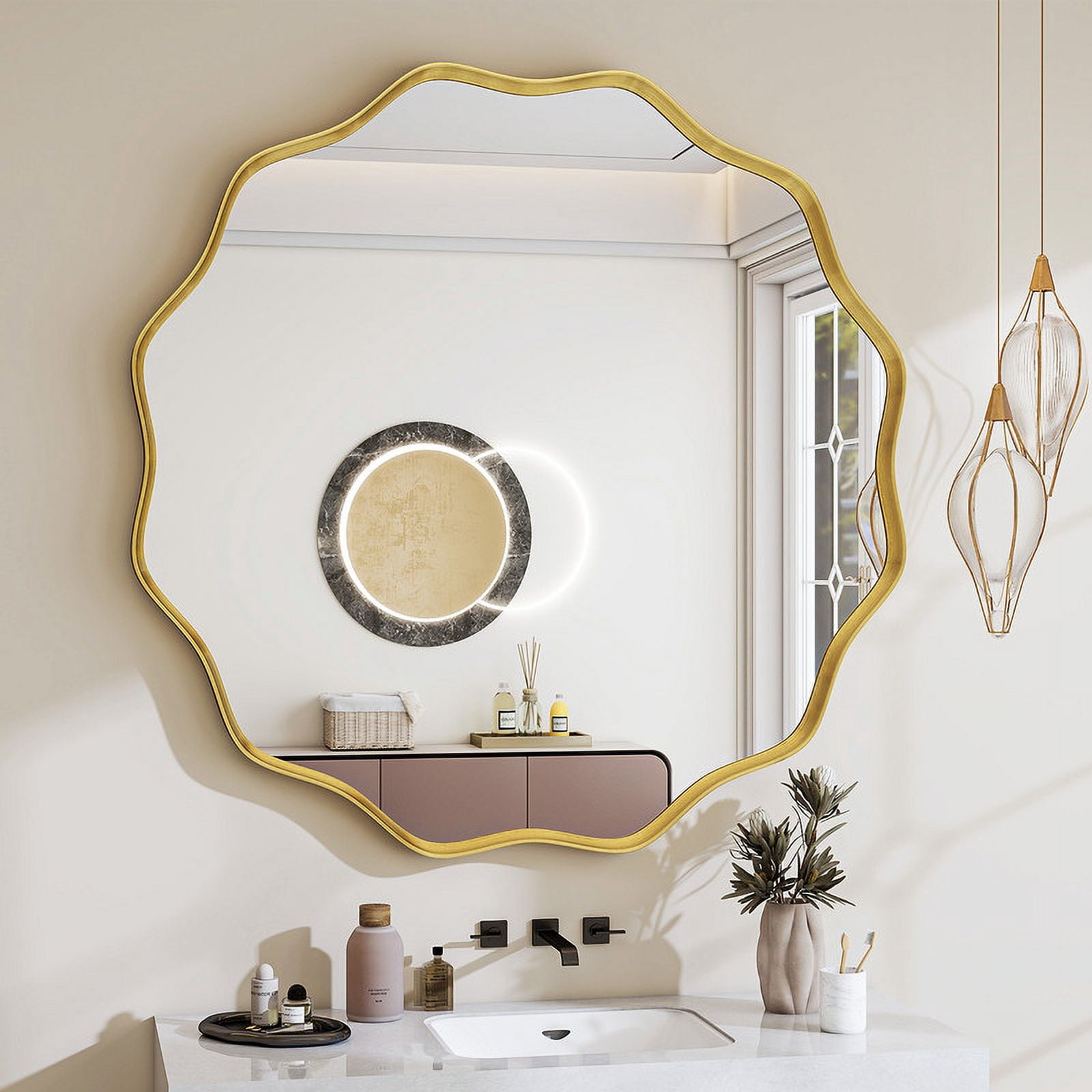 Easy4Home 36" Wavy Round Decorative Mirror With Deep Frame, Gold