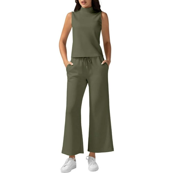 Women's High Neck Sleeveless Top And Wide Leg Pants Set Solid Color Summer Outfit Army Green L Size
