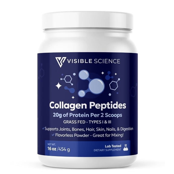 Visible Science Collagen Peptides Powder – Hydrolyzed Type I & III Collagen – Hair, Skin, Nail & Joint Support – Grass-Fed, Unflavored, 41 Servings (16 oz)