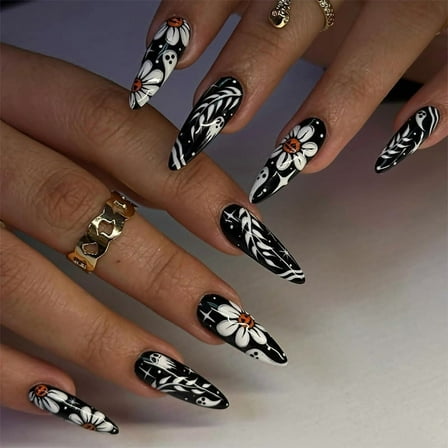 Wearable Nail Art - Flower and Little Ghost Ins Style, Long Pointed Shape, 24 Pieces Nail Art Stickers