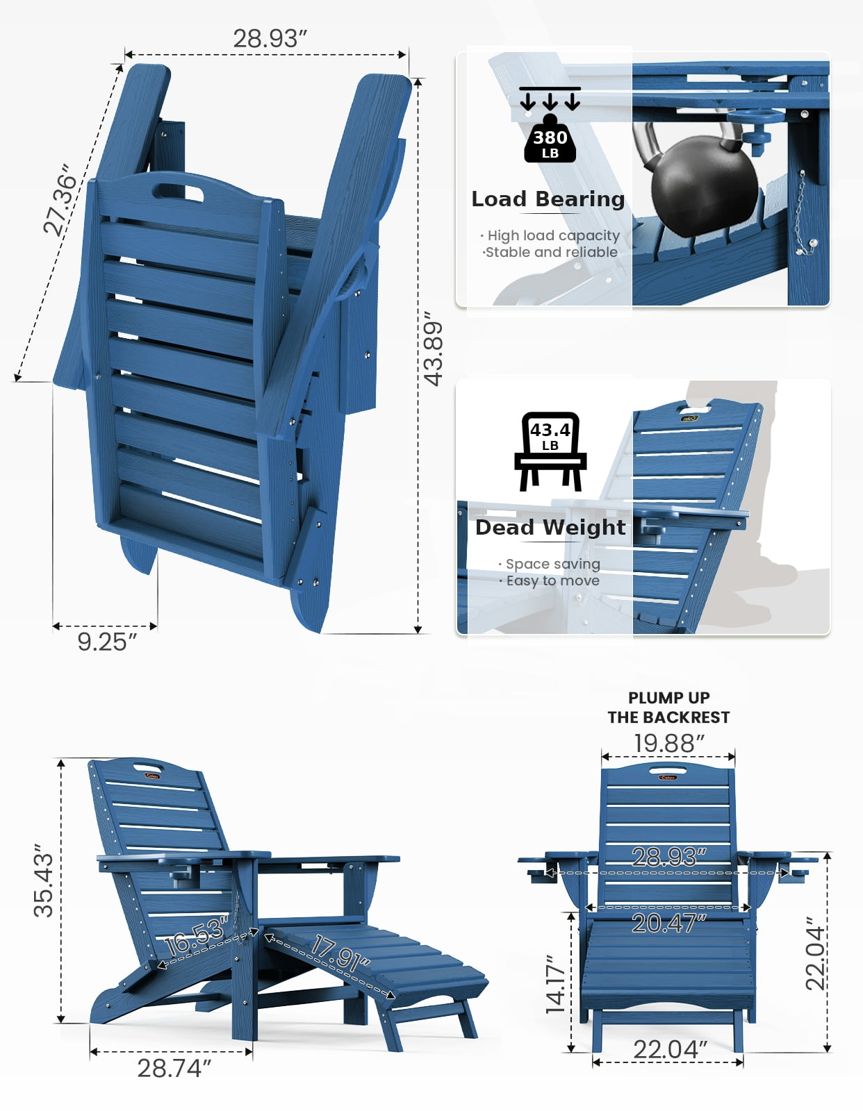 Folding Adirondack Chair w/ Ottoman, Weather-Resistant HDPE Patio Fire Pit Chair, Teak