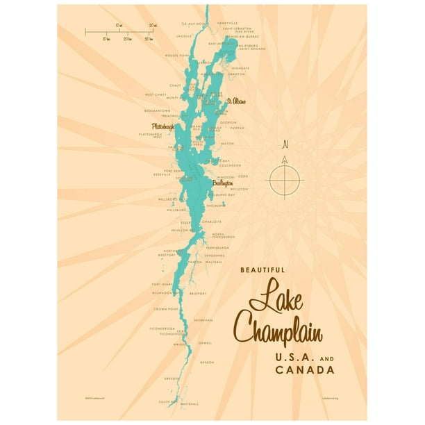 Lake Champlain New York Map VintageStyle Art Print by Lakebound (18" x