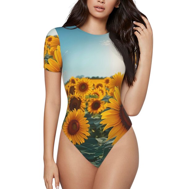 Fotbe Sunlit Sunflower Field Body de Mujer con Cuello Redondo y Mangas Cortas, Sin Mangas Ajustado, Suave, Cómodo y Básico-X-Large