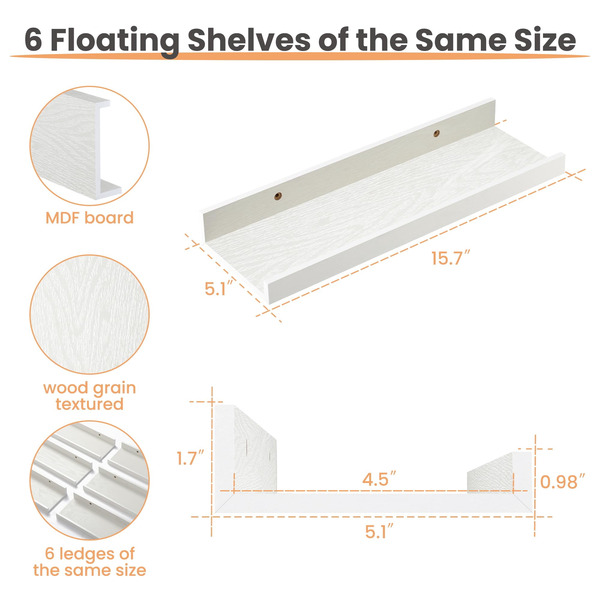 Floating Shelves for Wall, Wall Shelves for Decor Storage Set of 6, Wall Mounted Wood Shelf for Bedroom, Living Room, Bathroom, Kitchen, Picture Ledge Shelf