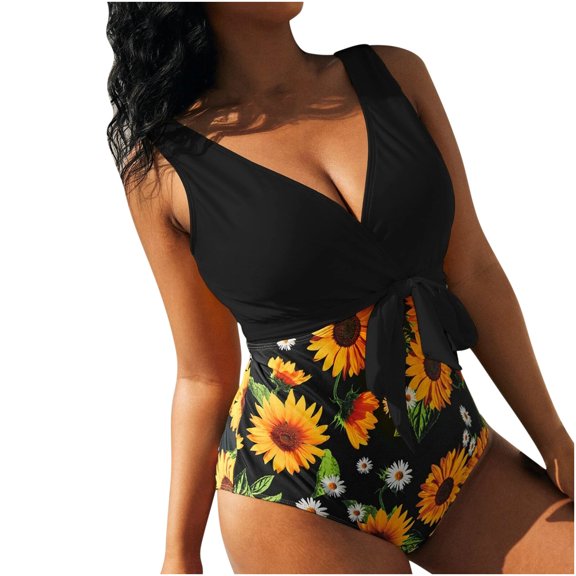 asdoklhq Plus Size Swimsuit for Women,Women's One-Piece Sunflower Print Color Blocking Lace Up Plus Size Overlay Print Bikini Swimsuit