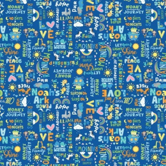 Noah's Journey Two by Two Words Blue Cotton Fabric