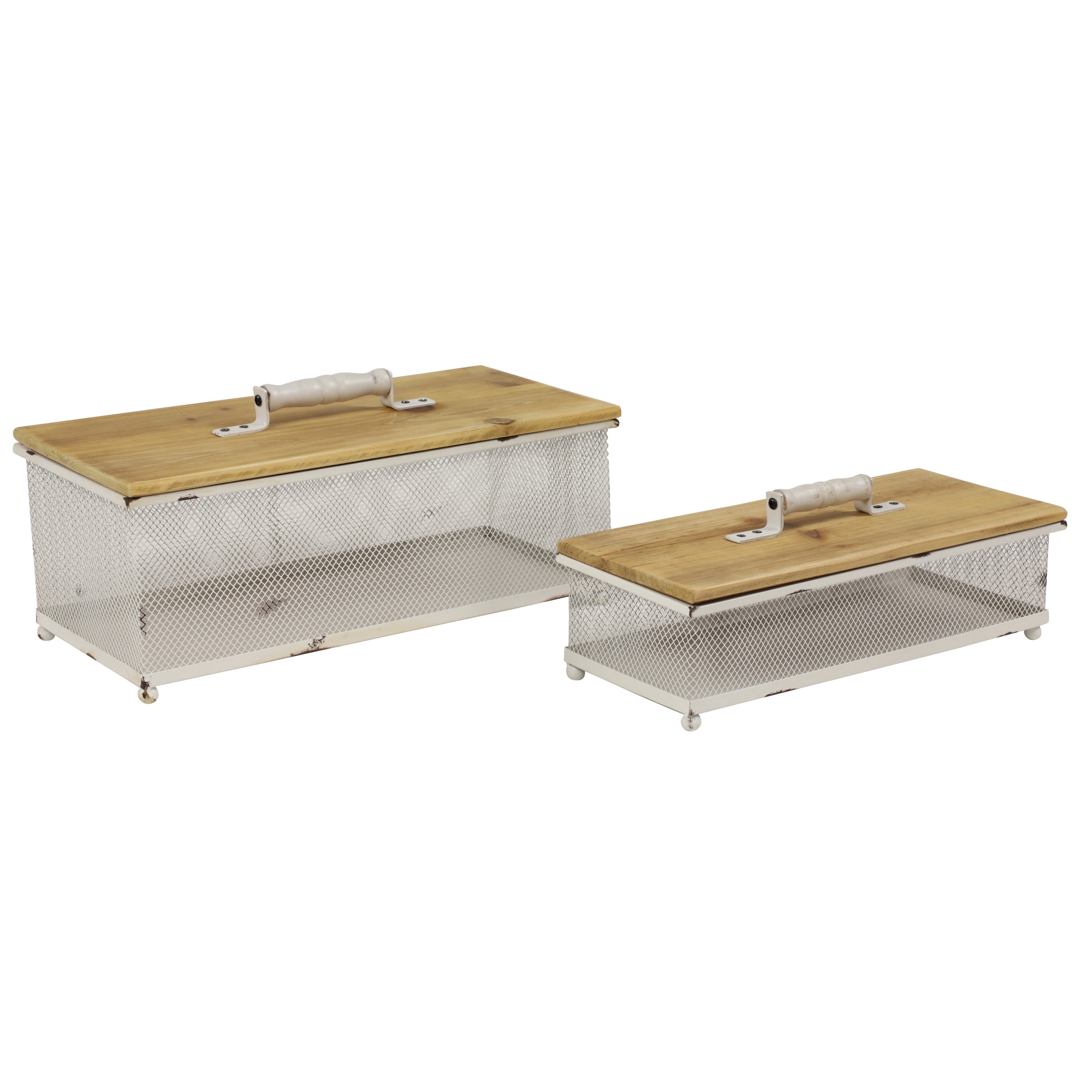 Decmode Rectangular White Metal Mesh & Natural Wood Decorative Storage