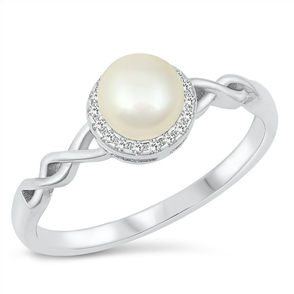 All in Stock Cubic Zirconia Simulated Pearl Center with Twisted Side Ring 925 Sterling Silver Size 10