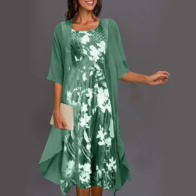 WILLBEST Vestidos Largos Casuales para Mujer, Vestido Estampado de Moda sin Mangas, Chal de Gasa de Media Manga, Cárdigan, Conjunto de Dos Piezas Grande