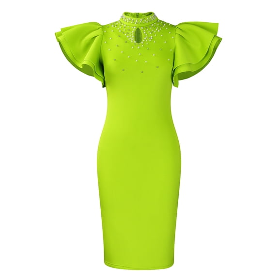 AURA Women’s Beaded Bodycon Midi Dress Ruffle Short Sleeves Half High Neck Zipper Solid Color S-5XL