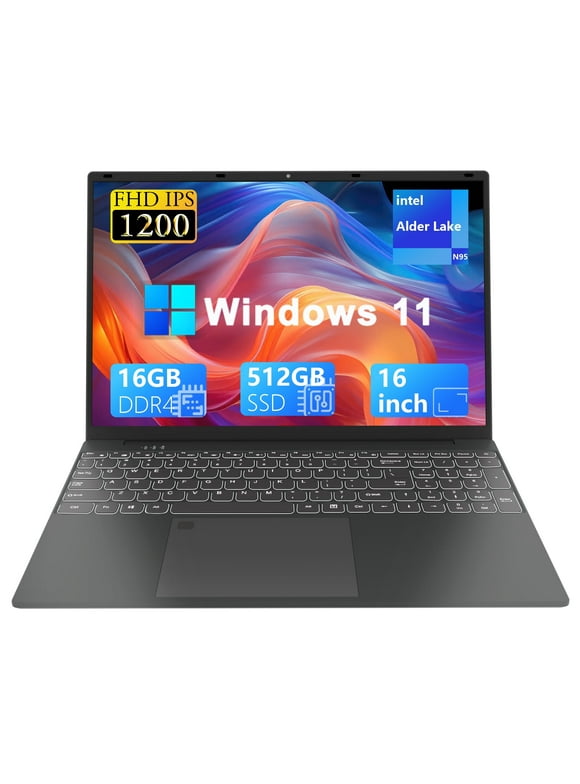 SANPTENT 16 inch Windows 11 Pro Laptop 16GB RAM 512GB SSD with 4 Core Intel Alder Lake N95, 1920x1200 FHD IPS Screen, FingerPrint, Backlit Keyboard, Ultra Thin and Light
