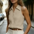 thumbnail image 5 of Sleeveless Basic Cami Women Business Summer Tank Tops Collared V Neck Linen Sleeveless Dressy Shirt Elegant Casual Office Daily Wear Khaki 3XL, 5 of 8