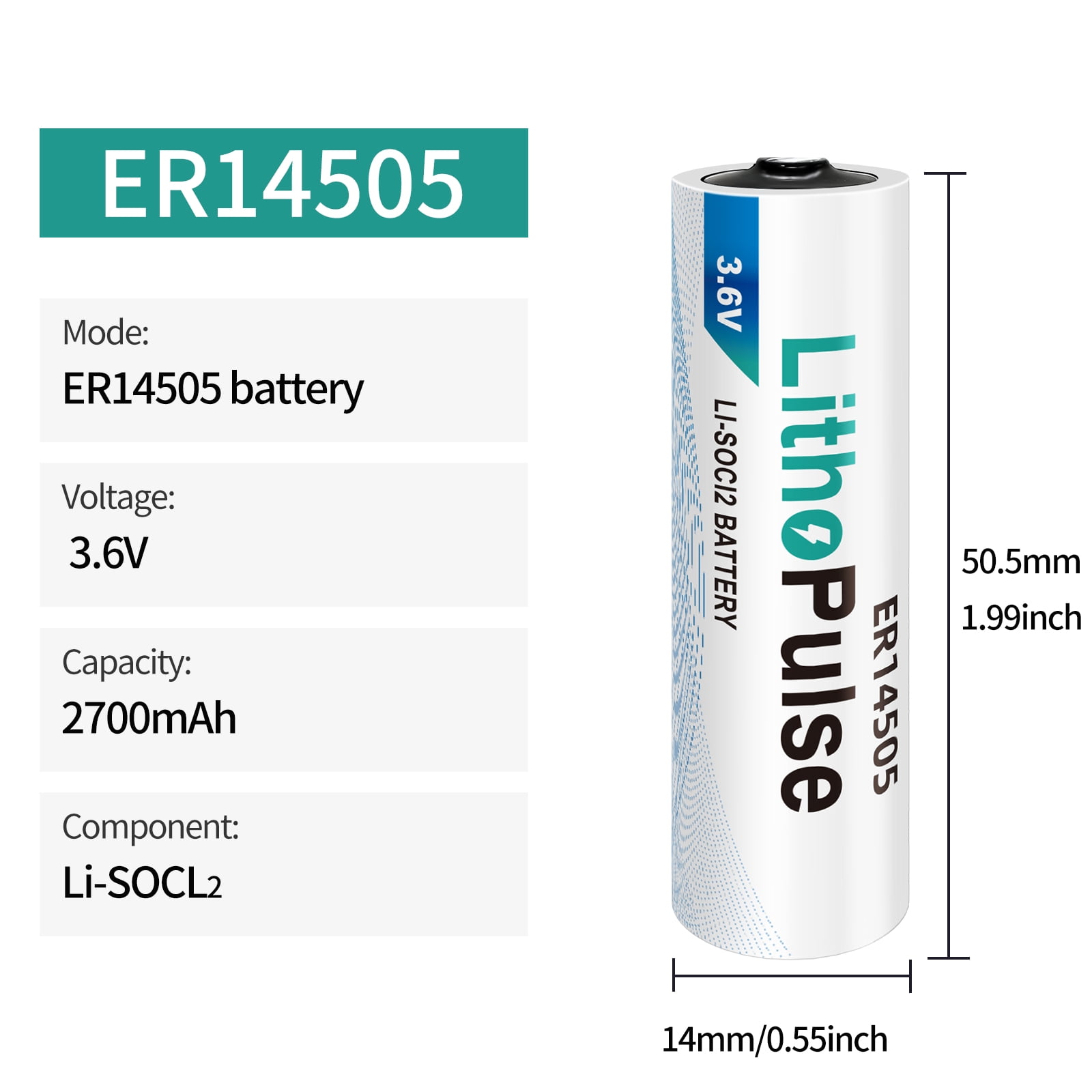 LithoPulse ER14505 AA 3.6V Lithium Battery 2700mAh for Water Electricity Gas Meter PLC Facility Equipment Li-SOCL₂ Non-Rechargeable ER14505 Battery（10 Pack）