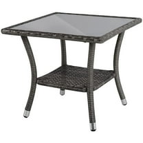 JOIVI Outdoor Wicker End Table Square Glass Top Rattan Coffee Table with Storage, Aluminum Frame, Gray