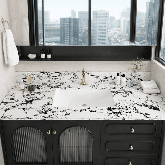 43"x22" Bathroom Vanity Top, with Undermount Ceramic Sink and Backsplash, artificial marble Bathroom Vanity Top with 1 Pre-Drilled Hole, New Carrara white and black( only Bathroom Vanity Top )