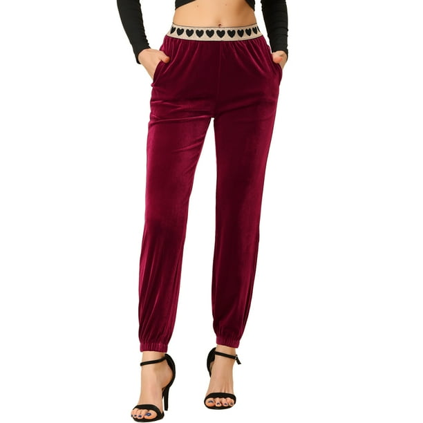 INSPIRE CHIC Pantalones Largos De Terciopelo Con Corazones De Cintura Elástica Alta Para Mujer Borgo?a XL