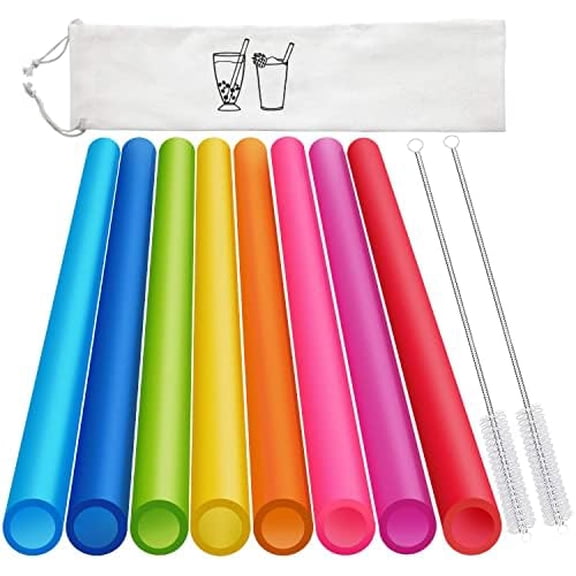8 Pcs Extra Wide Reusable Smoothie & Boba Straws with 1 Bag & 2 Brushes - Multicolor Big Jumbo, BPA FREE Large Plastic Straws for Smoothies, Bubble Tea(Tapioca, Boba Pearls), Milkshakes
