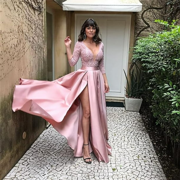 Vestido de noche de manga larga con cuello en V para mujer elegante vestido de fiesta largo con abertura en el muslo y cintura imperio vestido de coctel para fiesta de boda