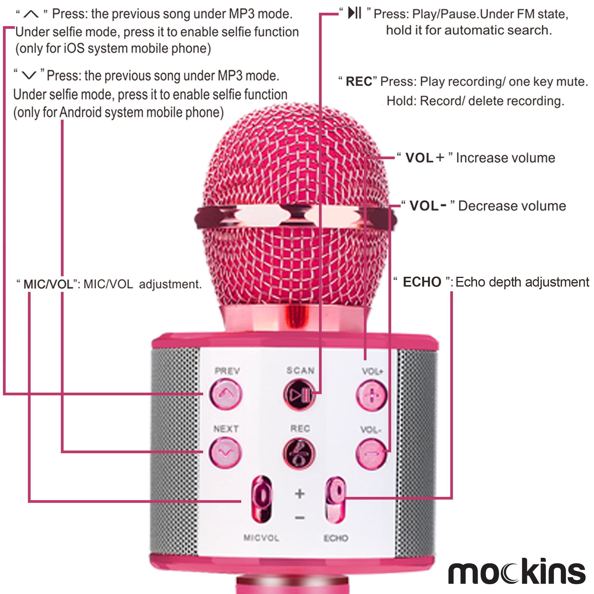 Nevlers Pink Karaoke Microphone with Colorful LED Lights, Voice Changer and Wireless Bluetooth Speaker for Singing