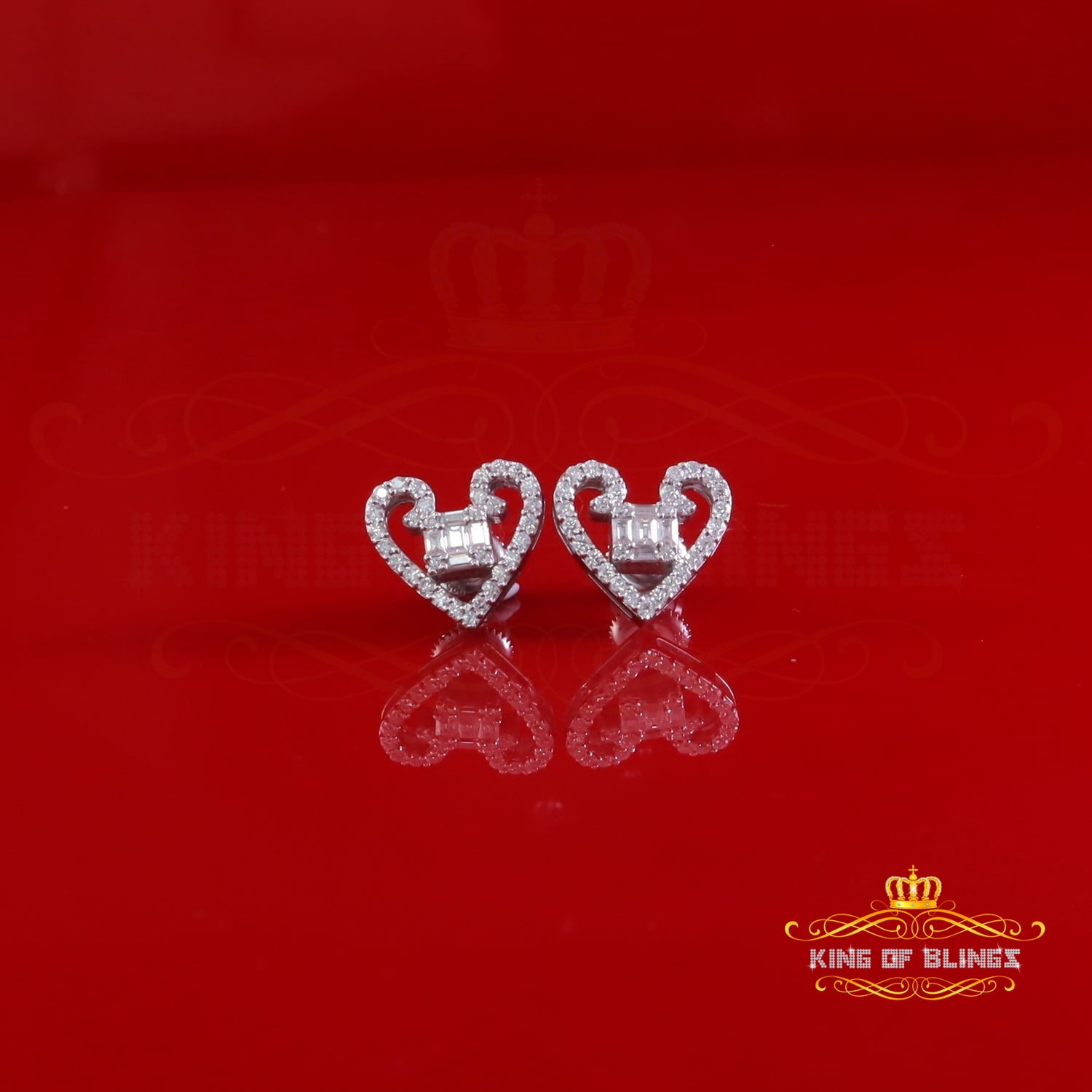 King of Bling's Men/Women Stud 925White Silver Heart Baguette Earrings 1.00ct VVS D Moissanite