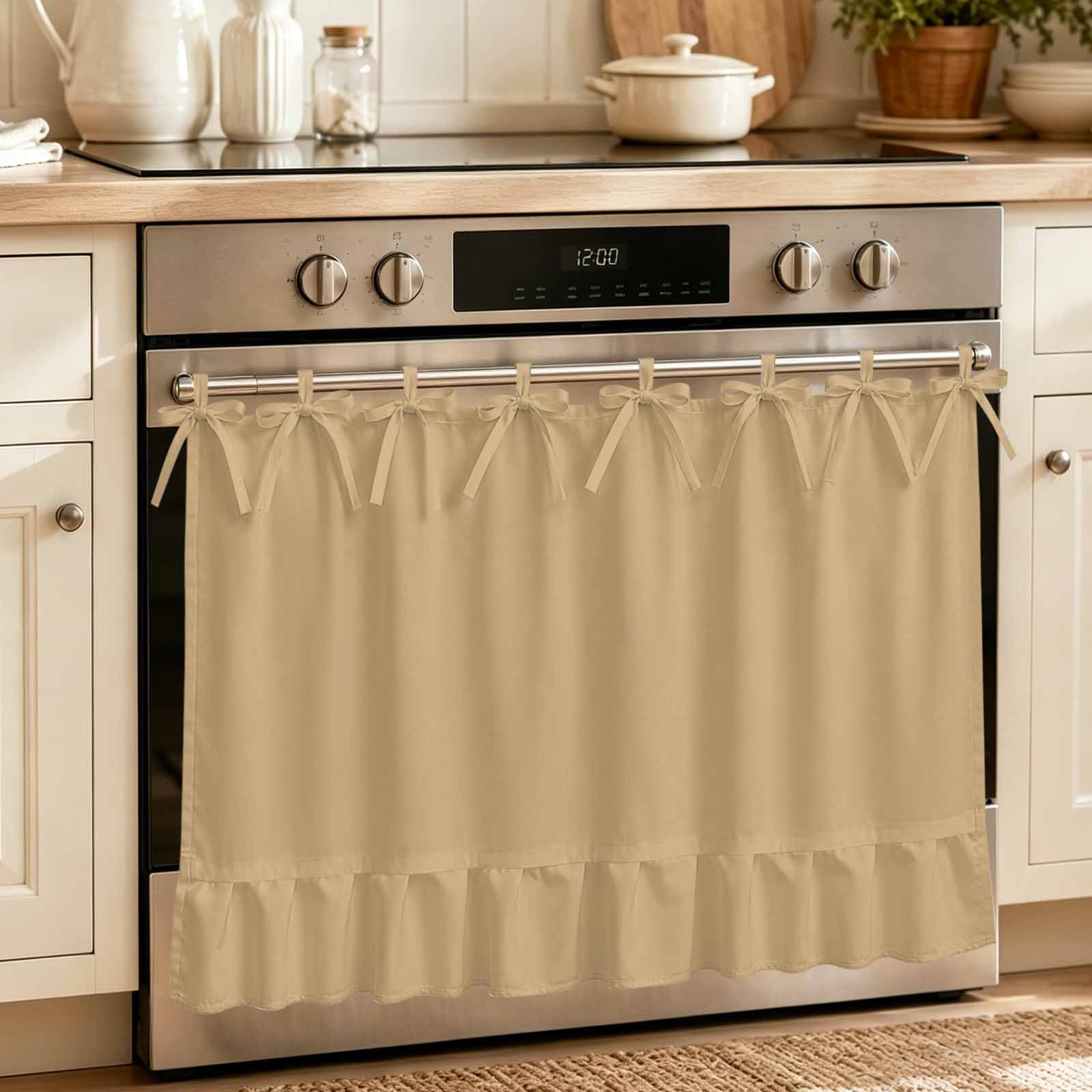 Oven Skirt Curtain for Kitchen 21.5x30 Inch Pure Oatmeal Oven Curtain with 8 Ribbon Ties & Ruffle Trim Stove Skirt Curtain Dishwasher for Cabinets Over Sinks Modern Solid Color Minimalist Art