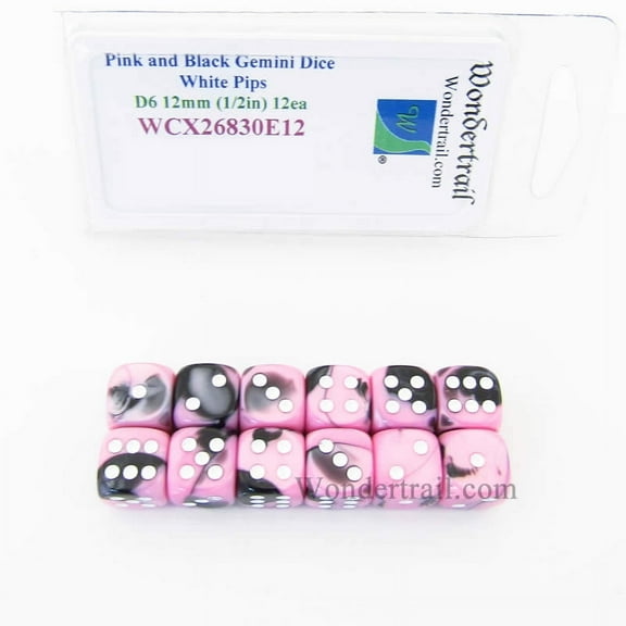 Pink and Black Gemini Dice with White Pips D6 12mm (1/2in) Pack of 12 Wondertrail